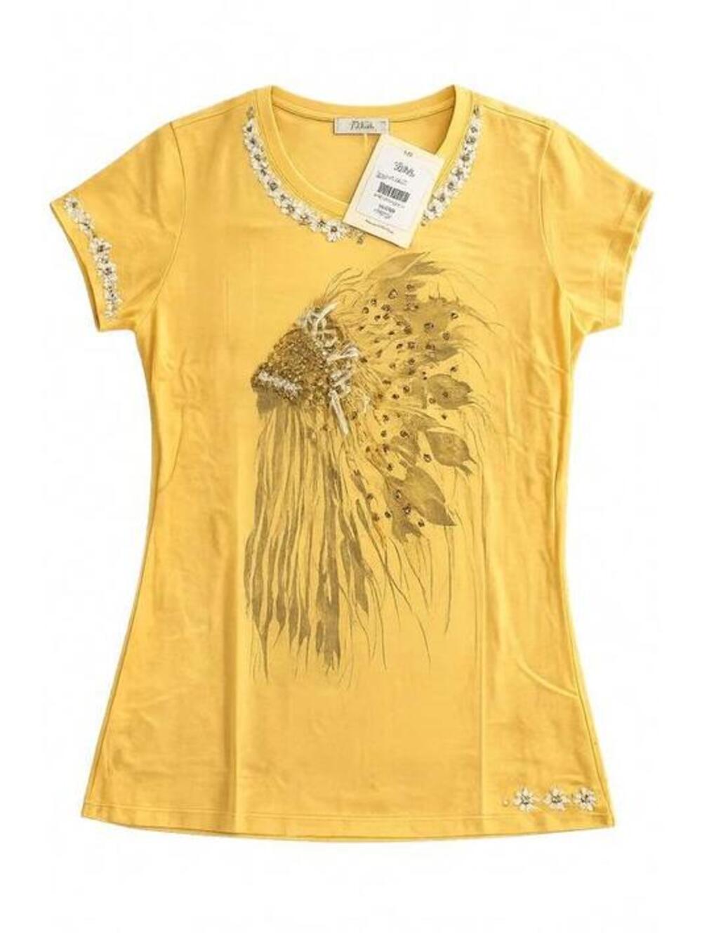 Dilela Yellow Short Sleeve T-Shirt with Embellished Feather Design